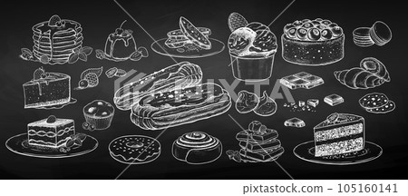 Set of desserts and bakery on chalkboard background 105160141