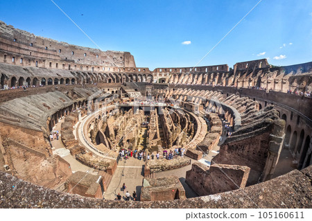 WIde angle view inside the ancient Colosseum, popular tourist destination in Rome 105160611