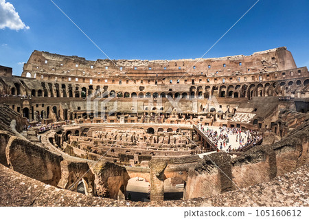 WIde angle view inside the ancient Colosseum, popular tourist destination in Rome 105160612