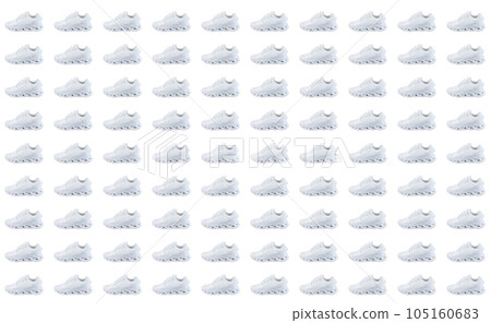Background with white sneakers. Ordered rows of sports shoes. Background with white sneakers. Ordered rows of sports shoes. 105160683