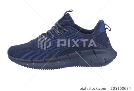 Blue rag sneaker with gray stripes on a white background. 105160684
