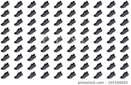 Background with black sneakers. Ordered rows of sports shoes. 105160685