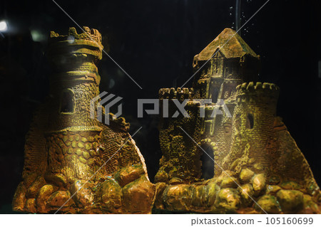 In the aquarium there are decorations and miniatures of ancient castles. In the aquarium there are decorations and miniatures of ancient castles. 105160699