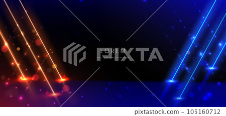 Abstract technology futuristic glowing neon blue and orange light ray on dark blue background with lighting effect. Abstract technology futuristic glowing neon blue and orange light ray on dark blue background with lighting effect. 105160712