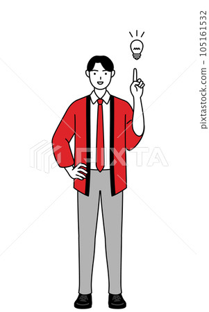 一位穿著紅色 happi 外套的男性銷售員想出了一個主意 一位穿著紅色 happi 外套的男性銷售員想出了一個主意 105161532