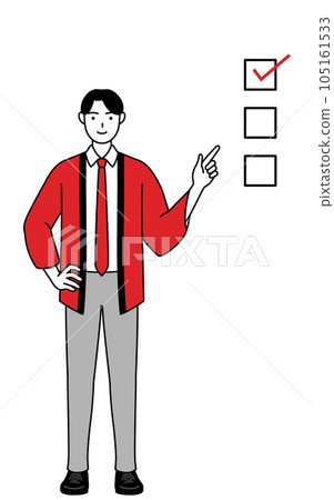 A male salesperson wearing a red happi coat pointing to a checklist A male salesperson wearing a red happi coat pointing to a checklist 105161533