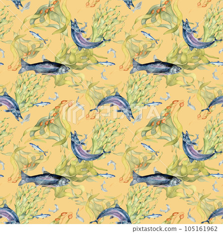 Seamless pattern of salmon and sea plants watercolor isolated on beige. Wild fish, seaweed, laminaria hand drawn. Design element for textile, packaging, paper, wrapping, background, fish market Seamless pattern of salmon and sea plants watercolor isolated on beige. Wild fish, seaweed, laminaria hand drawn. Design element for textile, packaging, paper, wrapping, background, fish market 105161962