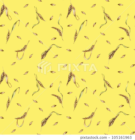 Wheat ear, barley watercolor seamless pattern on yellow background. Spikelet of rye, malt stalk hand drawn. Design element for textile, wrapping, packaging, label grocery, bakery, paper Wheat ear, barley watercolor seamless pattern on yellow background. Spikelet of rye, malt stalk hand drawn. Design element for textile, wrapping, packaging, label grocery, bakery, paper 105161963