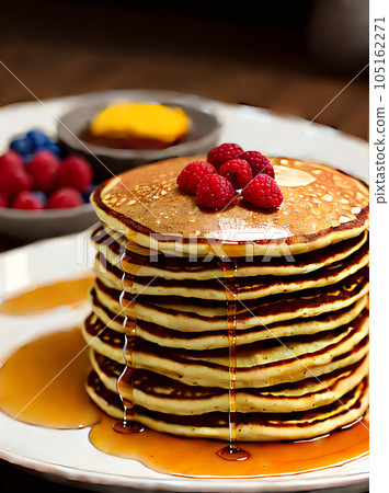 Realistic pancakes cozy restaurant warm lighting highly 105162271