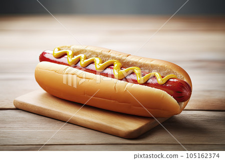 hot dog with mustard sauce on wooden table 105162374
