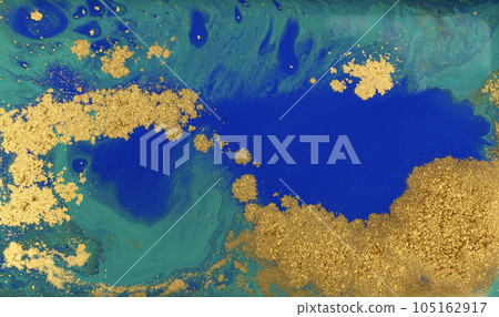 Blue and Golden Dust Placer on Liquid Blue Ink Background. 105162917