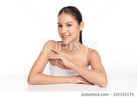 Beautiful young asian woman with clean fresh skin on white background, Face care, Facial treatment, Cosmetology, beauty and spa, Asian women portrait. Beautiful young asian woman with clean fresh skin on white background, Face care, Facial treatment, Cosmetology, beauty and spa, Asian women portrait. 105163175