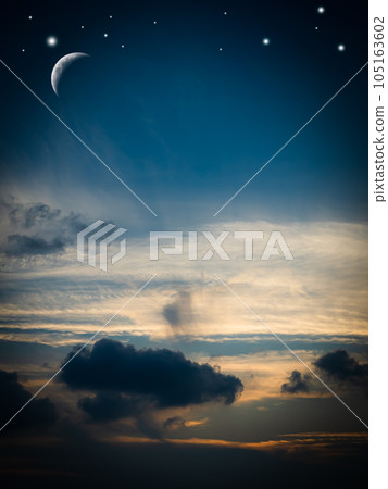 Eid Al Adha,Eid Al Fifr Adha Mubrak Arabic Background Concept,Crescent Moon with Star on Dark Night Sky Dusk Nature Landscape,Symbols Moonlight Muslim Islamic New Year Muharram Religion. 105163602
