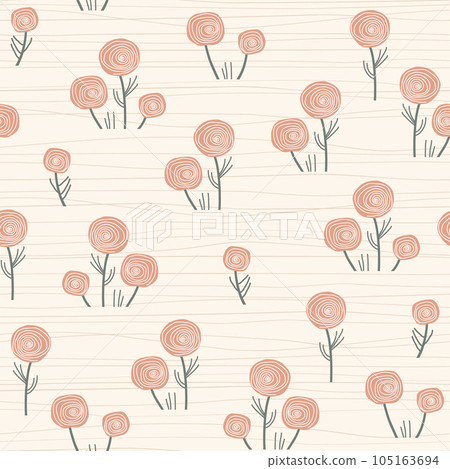 Vintage doodle roses seamless pattern. Pastel pink flowers and lines on beige background. Vector illustration art for design textiles, paper surface print. 105163694