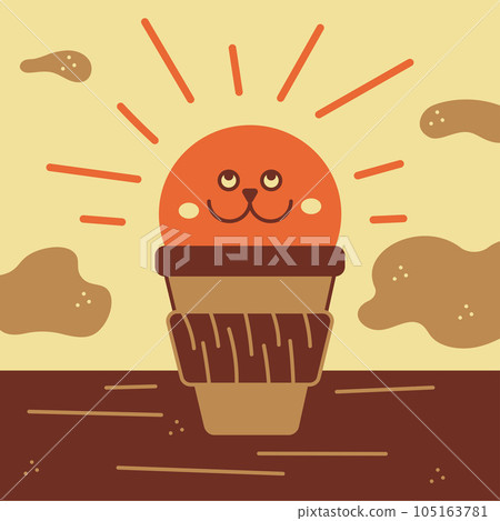 Morning coffee. Cute smiling sun, coffee, clouds. Doodle cartoon color vector illustration. 105163781