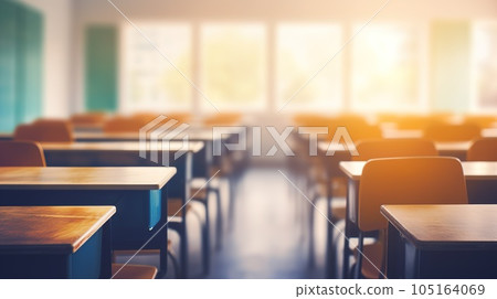 School classroom in blur background without young student. Blurry view of elementary class room no kid or teacher with chairs and tables in campus. Back to school concept 105164069