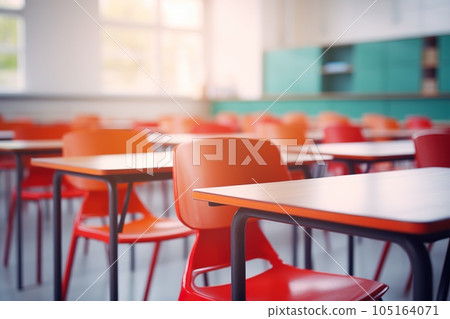 School classroom in blur background without young student. Blurry view of elementary class room no kid or teacher with chairs and tables in campus. Back to school concept School classroom in blur background without young student. Blurry view of elementary class room no kid or teacher with chairs and tables in campus. Back to school concept 105164071