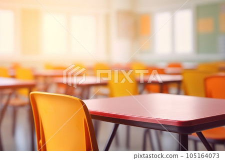 School classroom in blur background without young student. Blurry view of elementary class room no kid or teacher with chairs and tables in campus. Back to school concept School classroom in blur background without young student. Blurry view of elementary class room no kid or teacher with chairs and tables in campus. Back to school concept 105164073