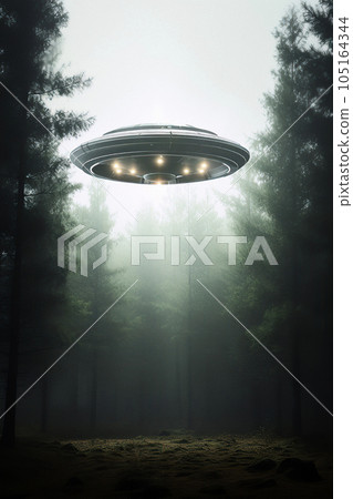 Enigmatic Forest Encounter - Flying Saucer Under Gray Foggy Sky 105164344