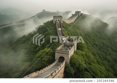 Tranquil Aerial View of the Great Wall of China with Fog and Greenery Tranquil Aerial View of the Great Wall of China with Fog and Greenery 105164346