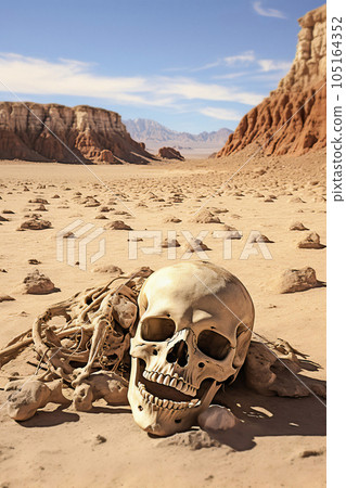 : A Haunting Desert Scene of Skull and Bones under the Midday Sun 105164352