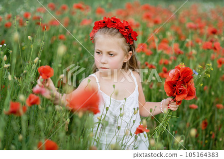 Ukrainian Beautiful girl in field of poppies and wheat. outdoor portrait in poppies. girl collecting poppies and cornflower in summer field. 105164383