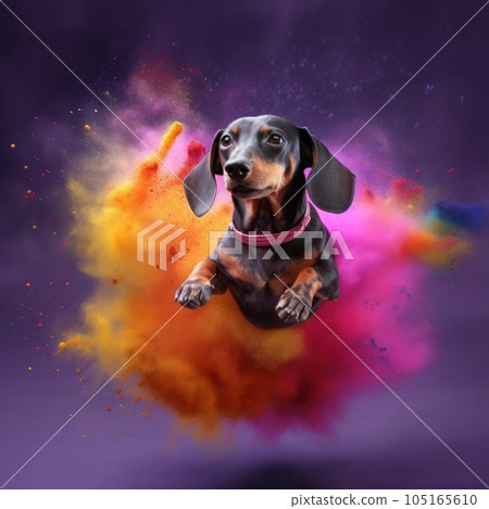 Dog jumps up among the colors of Holi 105165610