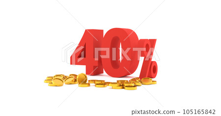 3D Rendering. 40 percent off with gold coin and white background. Special Offer 40% Discount Tag. Super sale offer when buy now. 3D Rendering. 40 percent off with gold coin and white background. Special Offer 40% Discount Tag. Super sale offer when buy now. 105165842