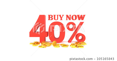 3D Rendering. 40 percent off with gold coin and white background. Special Offer 40% Discount Tag. Super sale offer when buy now. 3D Rendering. 40 percent off with gold coin and white background. Special Offer 40% Discount Tag. Super sale offer when buy now. 105165843
