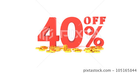3D Rendering. 40 percent off with gold coin and white background. Special Offer 40% Discount Tag. Super sale offer when buy now. 3D Rendering. 40 percent off with gold coin and white background. Special Offer 40% Discount Tag. Super sale offer when buy now. 105165844