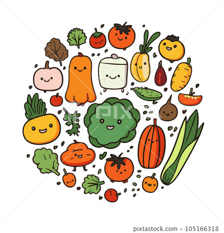 Many various fun smiling vegetables arranged in a circle. Different cute, happy vegetarian food ingredients. Healthy plant-based diet concept 105166318