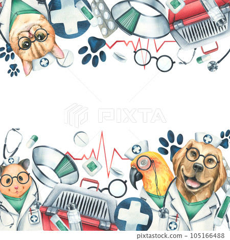 Veterinary set with doctors hamster, dog, cat, parrot, pet carrier, medicines. Watercolor illustration, hand drawn, for the design of clinics, hospitals, pharmacies. Template on a white background. 105166488
