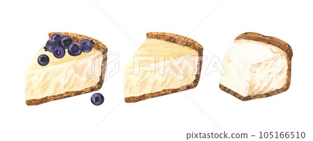 Watercolor set dessert, piece of cheesecake, with fresh blueberry. Hand-drawn illustration isolated on white background. Perfect food menu, food drawing, design packing, print 105166510