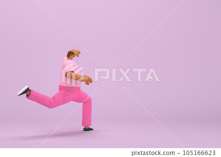 The black man with pink clothes. He is running. 3d rendering of cartoon character in acting. The black man with pink clothes. He is running. 3d rendering of cartoon character in acting. 105166623