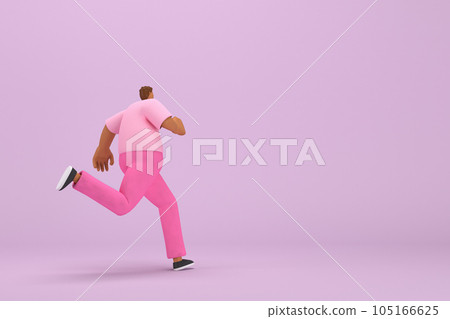 The black man with pink clothes.  He is running. 3d rendering of cartoon character in acting. 105166625