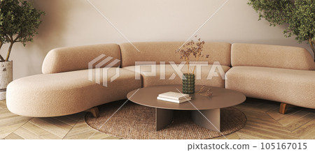 Modern livingroom interior design with beige furniture, hardwood flooring, sofa and trees. Horizontal banner panoramic background. 3d rendering. High quality 3d illustration 105167015