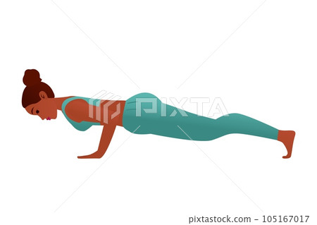 Woman doing yoga pose. Chaturanga pose. Flat vector illustration isolated on white background 105167017
