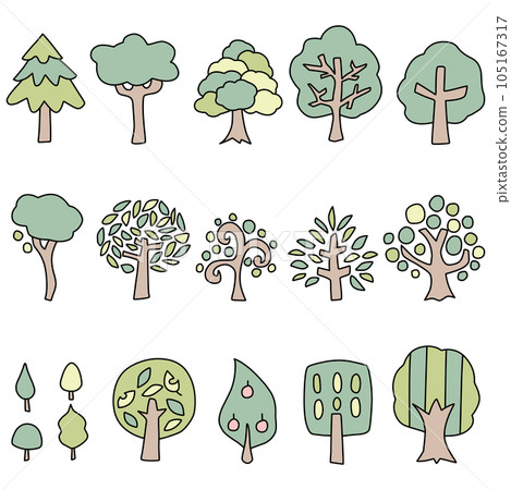 Color illustration set of simple trees of various shapes Color illustration set of simple trees of various shapes 105167317