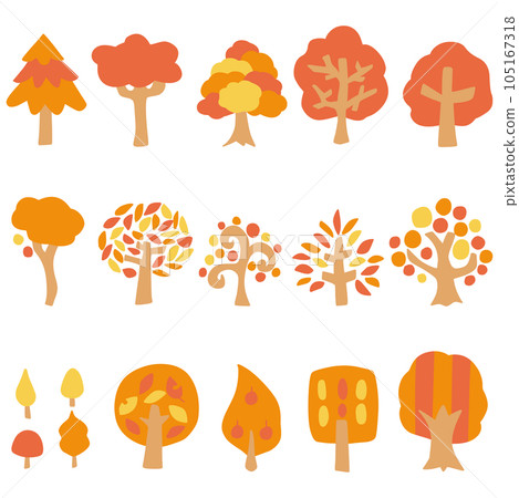 Illustration set of simple trees of various shapes with autumn leaves Illustration set of simple trees of various shapes with autumn leaves 105167318