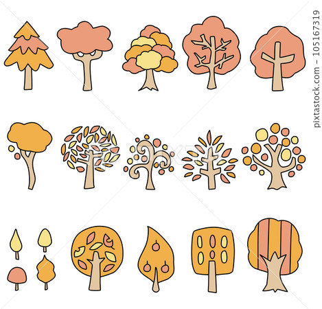 Illustration set of simple trees of various shapes with autumn leaves Illustration set of simple trees of various shapes with autumn leaves 105167319