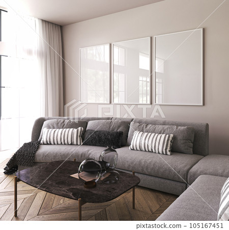 Poster frame mockup in modern home interior background with sofa, table and decor in living room. 3d rendering. High quality 3d illustration 105167451