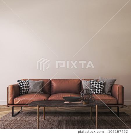 Light living room interior in loft with leather large sofa and decor. White wall mockup background. 3d rendering. High quality 3d illustration 105167452