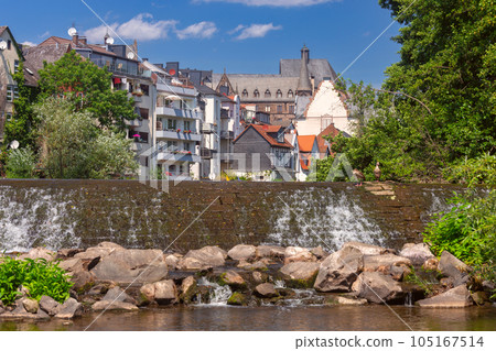 Old stone houses on the banks of the river Lahn in Marburg. Old stone houses on the banks of the river Lahn in Marburg. 105167514