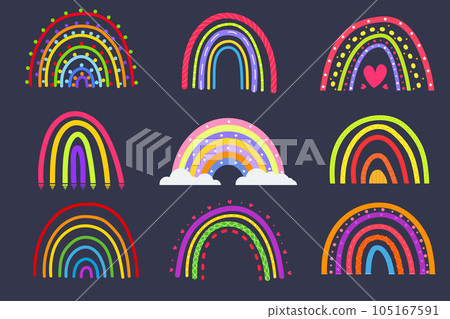 Collection of vector rainbows. Set rainbows with sun, clouds, rain in cartoon style isolated on white background for kids. Cute illustration in hand drawn style 105167591