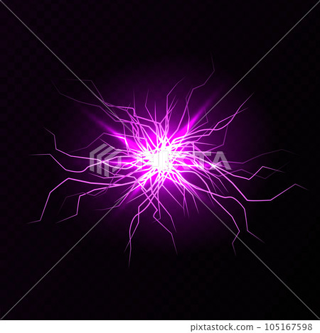 Lightnings, thunderbolt strikes isolated. Ground cracks with light inside. Powerful electrical discharge, Realistic 3d vector bolts set isolated on black background Lightnings, thunderbolt strikes isolated. Ground cracks with light inside. Powerful electrical discharge, Realistic 3d vector bolts set isolated on black background 105167598