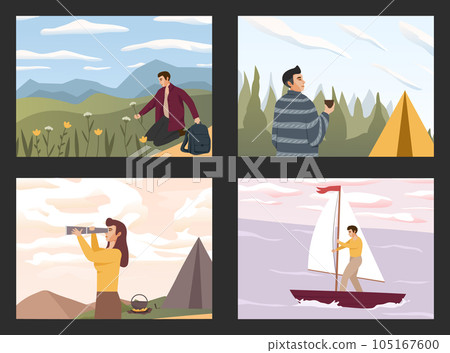 People travel in nature, looking at sky horizons, clouds. Scenes with people walking alone, enjoy scenic nature views. Harmony, freedom concept. Flat vector illustrations People travel in nature, looking at sky horizons, clouds. Scenes with people walking alone, enjoy scenic nature views. Harmony, freedom concept. Flat vector illustrations 105167600