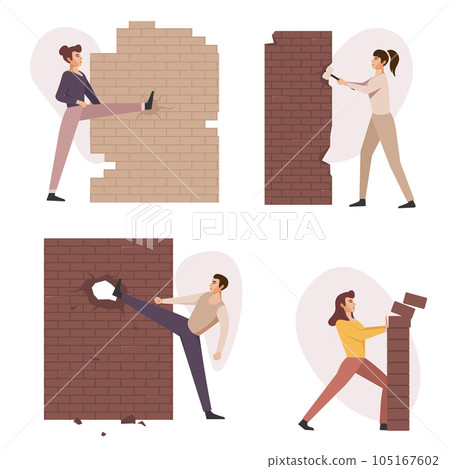 Business people destroying walls. Flat employees smash obstacles in different ways, break concrete. Men and women cartoon flat style isolated, nowaday vector set 105167602