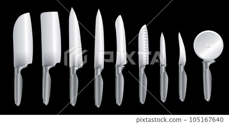 Kitchen knives hanging set isolated. meat chef cutting hatchet, cooking cutlery types. Sharp blade cooking tool for kitchen, folding combat knife, kitchenware for cutting of stainless steel 105167640