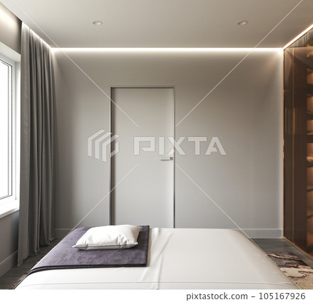 Luxury bedroom interior with bedding blanket. Mock up wall. Wardrobe with lighting. Modern style high quality 3d rendering illustration Luxury bedroom interior with bedding blanket. Mock up wall. Wardrobe with lighting. Modern style high quality 3d rendering illustration 105167926