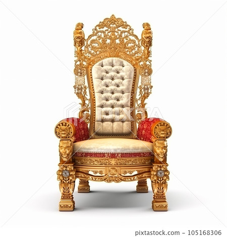 Antique retro throne chair for kings, decorated with carvings, velvet, gold, close-up isolated on white 105168306